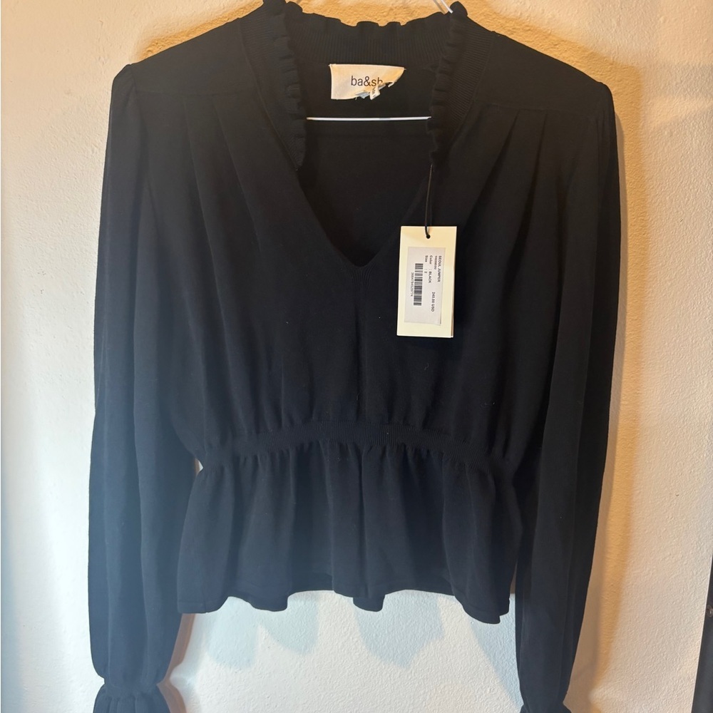 ba&sh Black Ruffled V-Neck Blouse - Picture 2 of 9